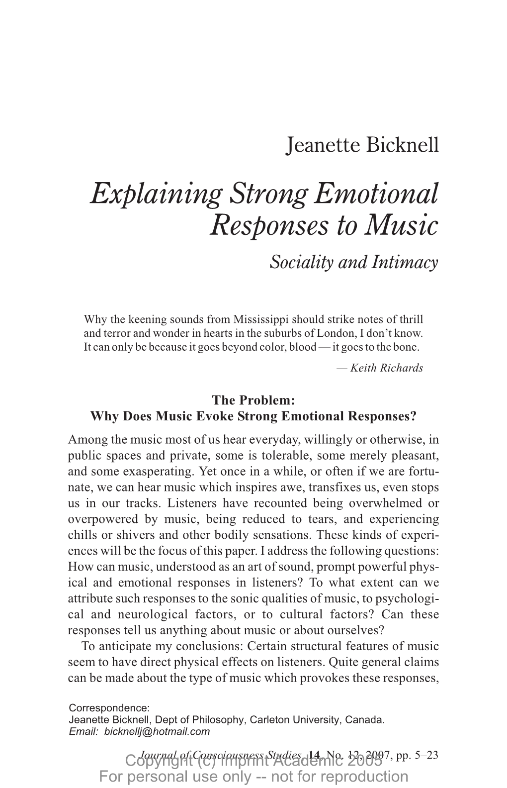 Explaining Strong Emotional Responses to Music Sociality and Intimacy