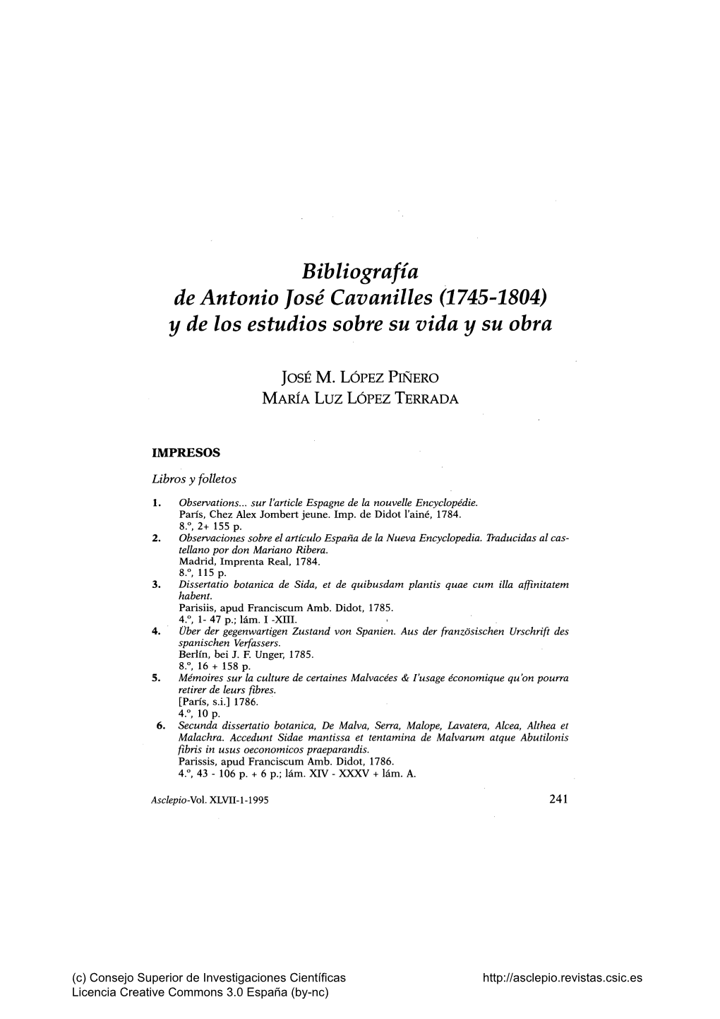 Bibliografía De Antonio José Cavanilles (1745-1804) Y De Los Estudios Sobre Su Vida Y Su Obra