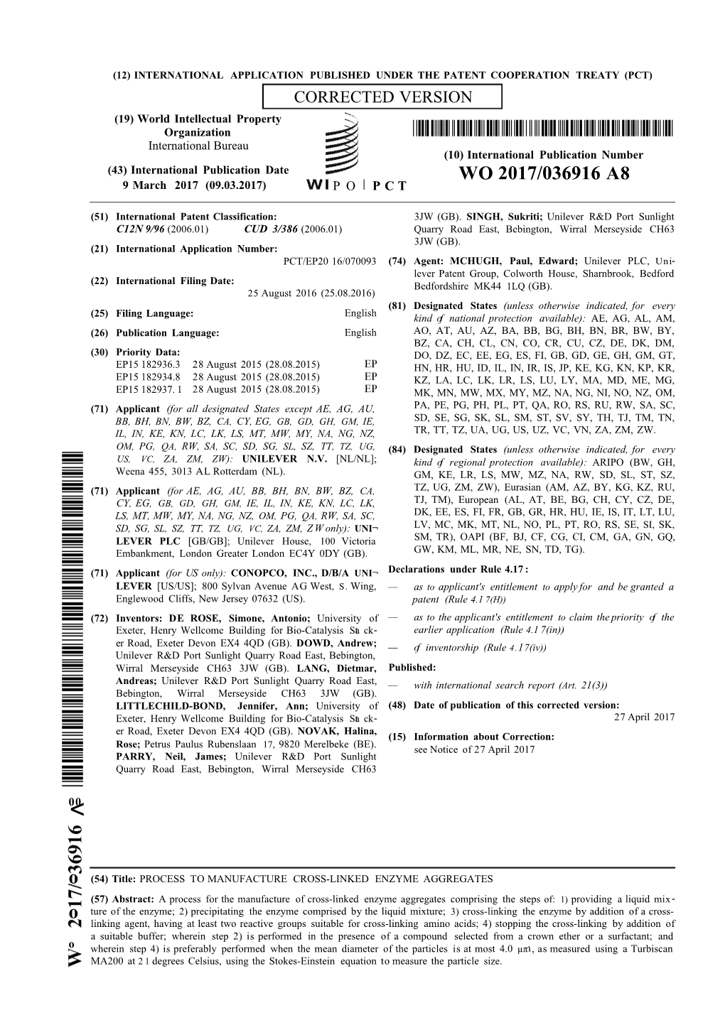 WO 2017/036916 A8 9 March 2017 (09.03.2017) P O P C T