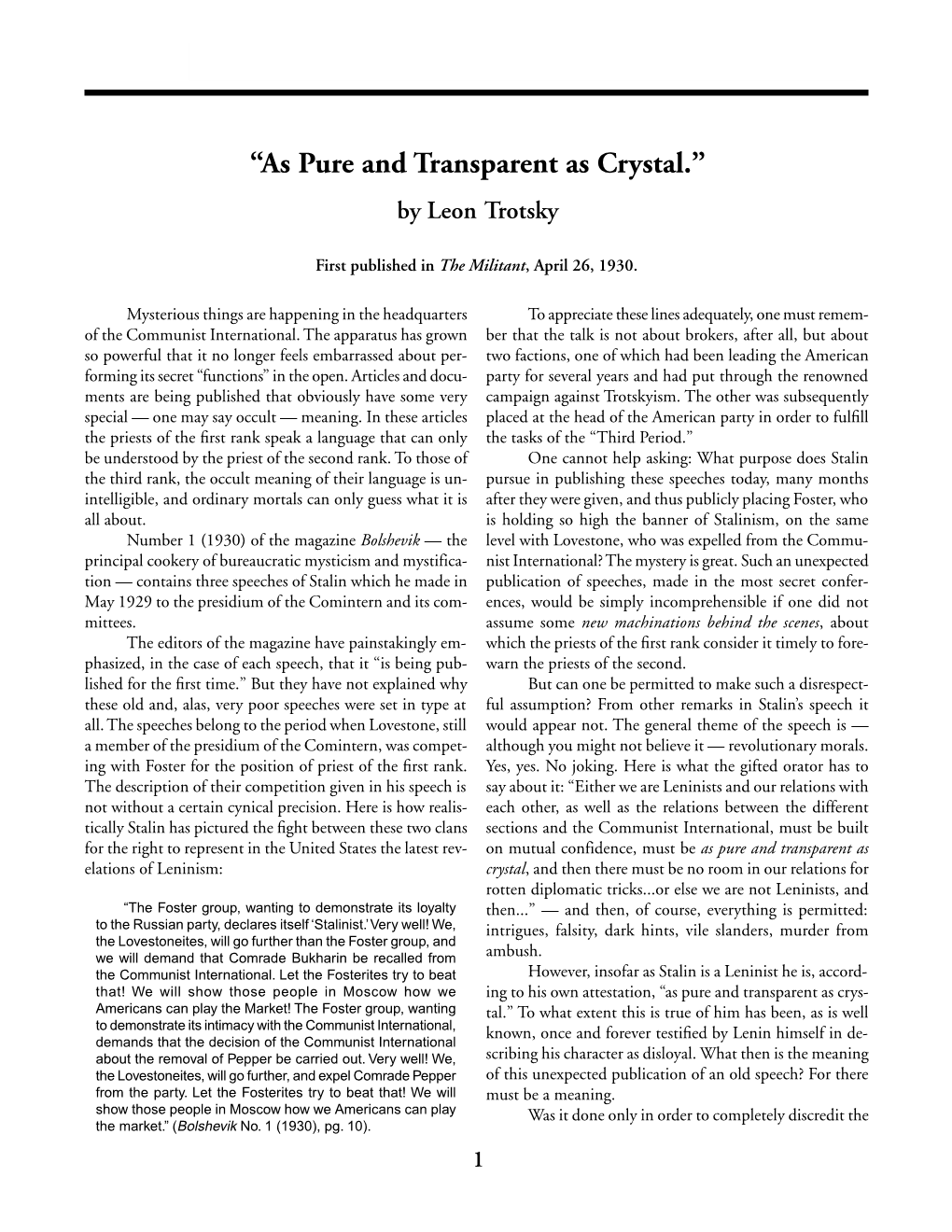 “As Pure and Transparent As Crystal.” by Leon Trotsky