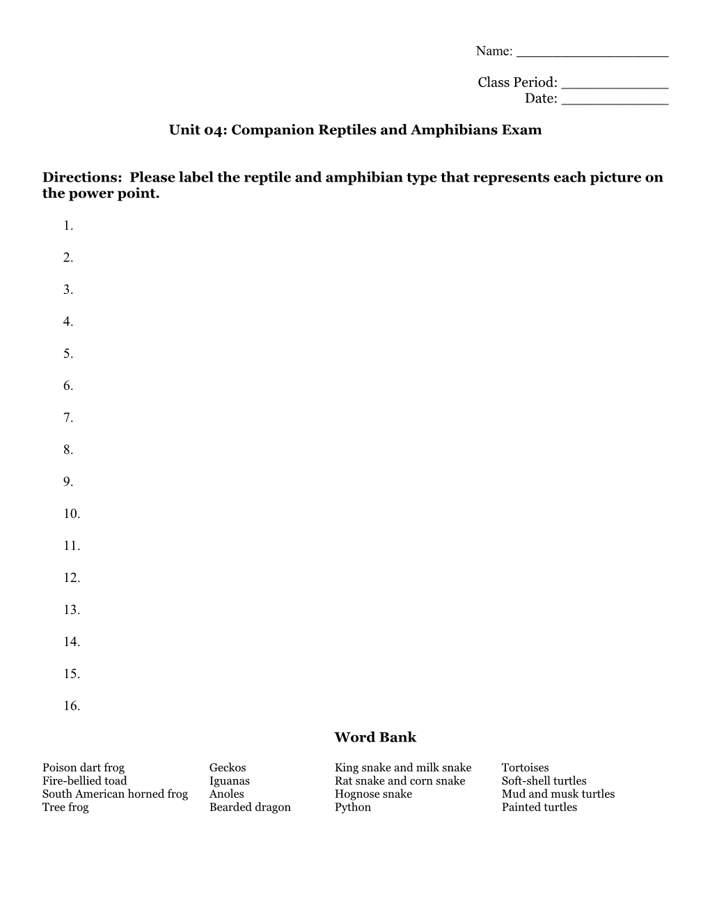 Unit 04: Companion Reptiles and Amphibians Exam