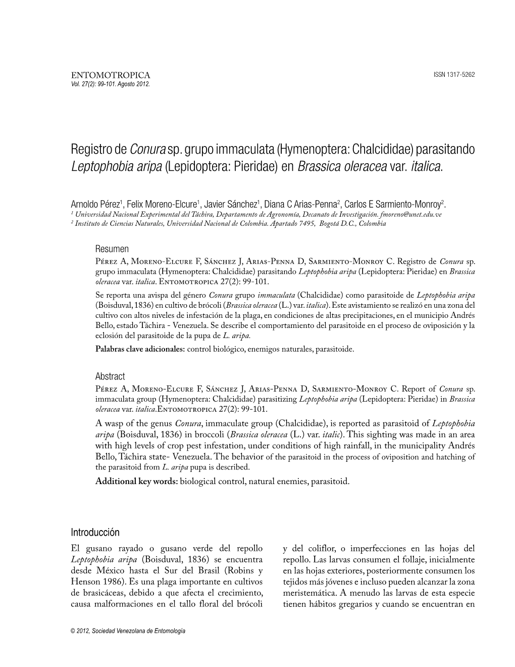 Parasitando Leptophobia Aripa (Lepidoptera: Pieridae) En Brassica Oleracea Var