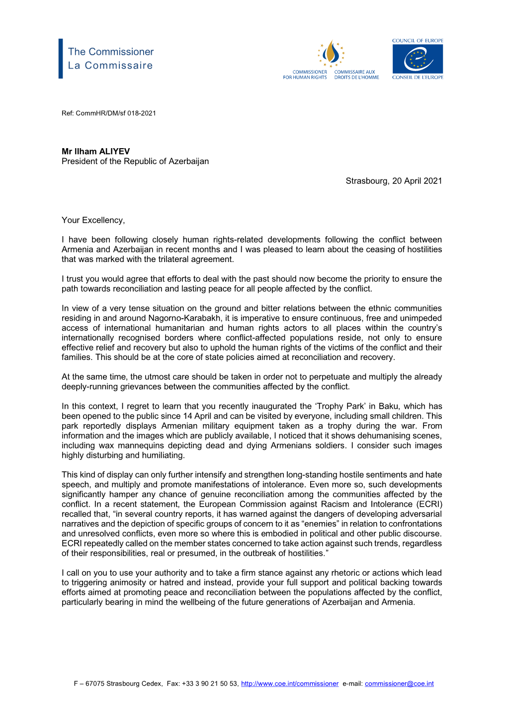 Letter to the President of the Republic of Azerbaijan