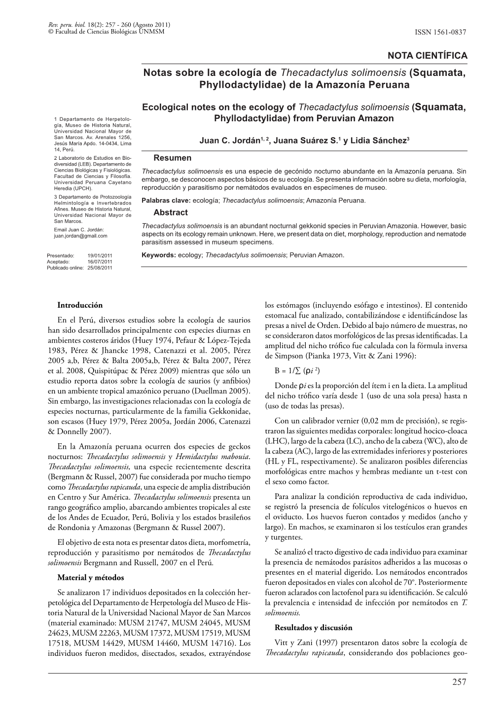 Notas Sobre La Ecología De Thecadactylus Solimoensis (Squamata, Phyllodactylidae) De La Amazonía Peruana