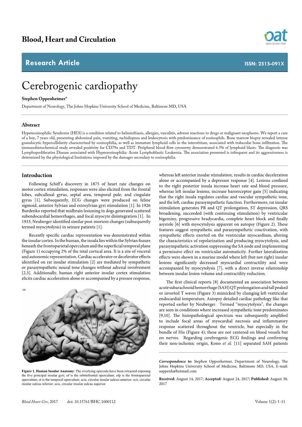 Cerebrogenic Cardiopathy Stephen Oppenheimer* Department of Neurology, the Johns Hopkins University School of Medicine, Baltimore MD, USA