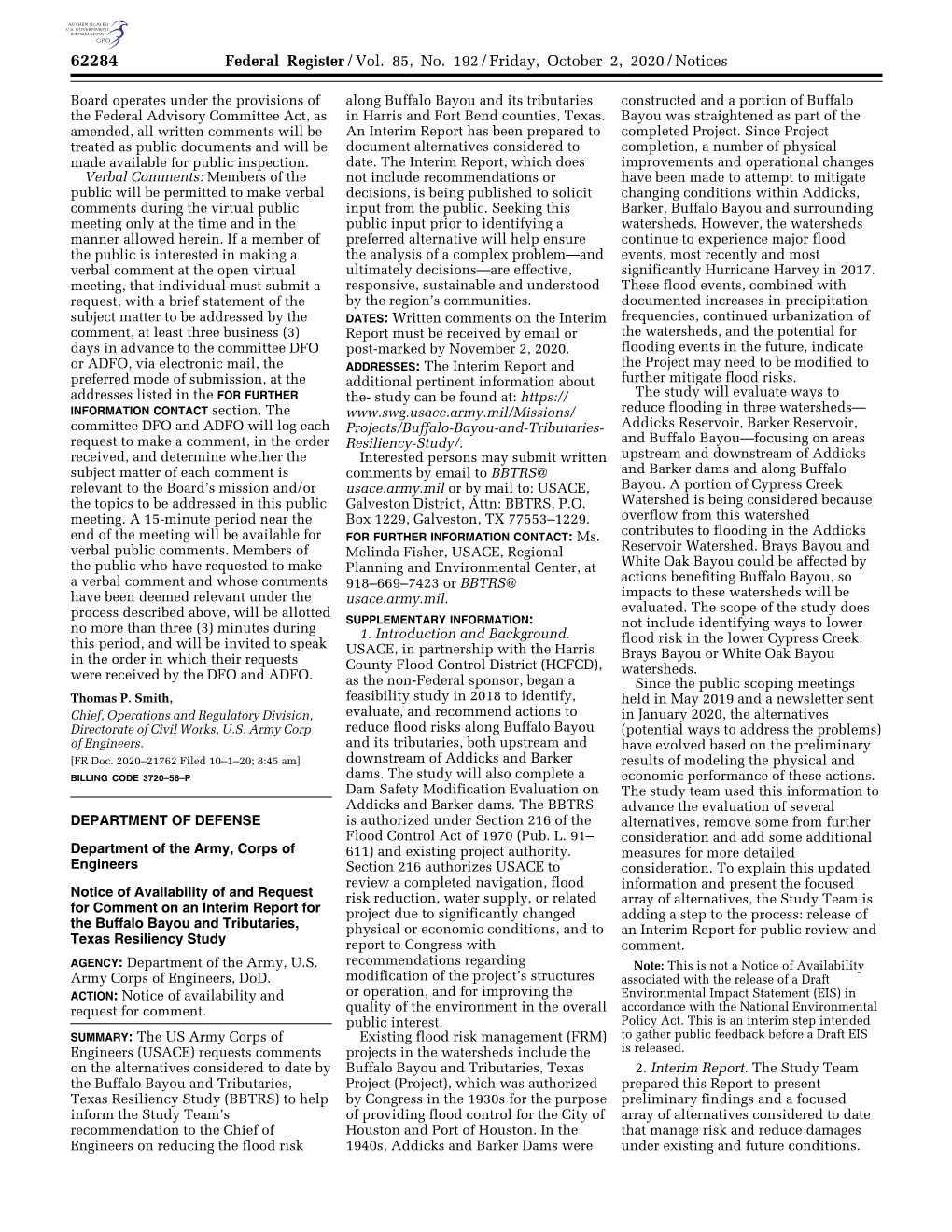 Federal Register/Vol. 85, No. 192/Friday, October 2, 2020/Notices