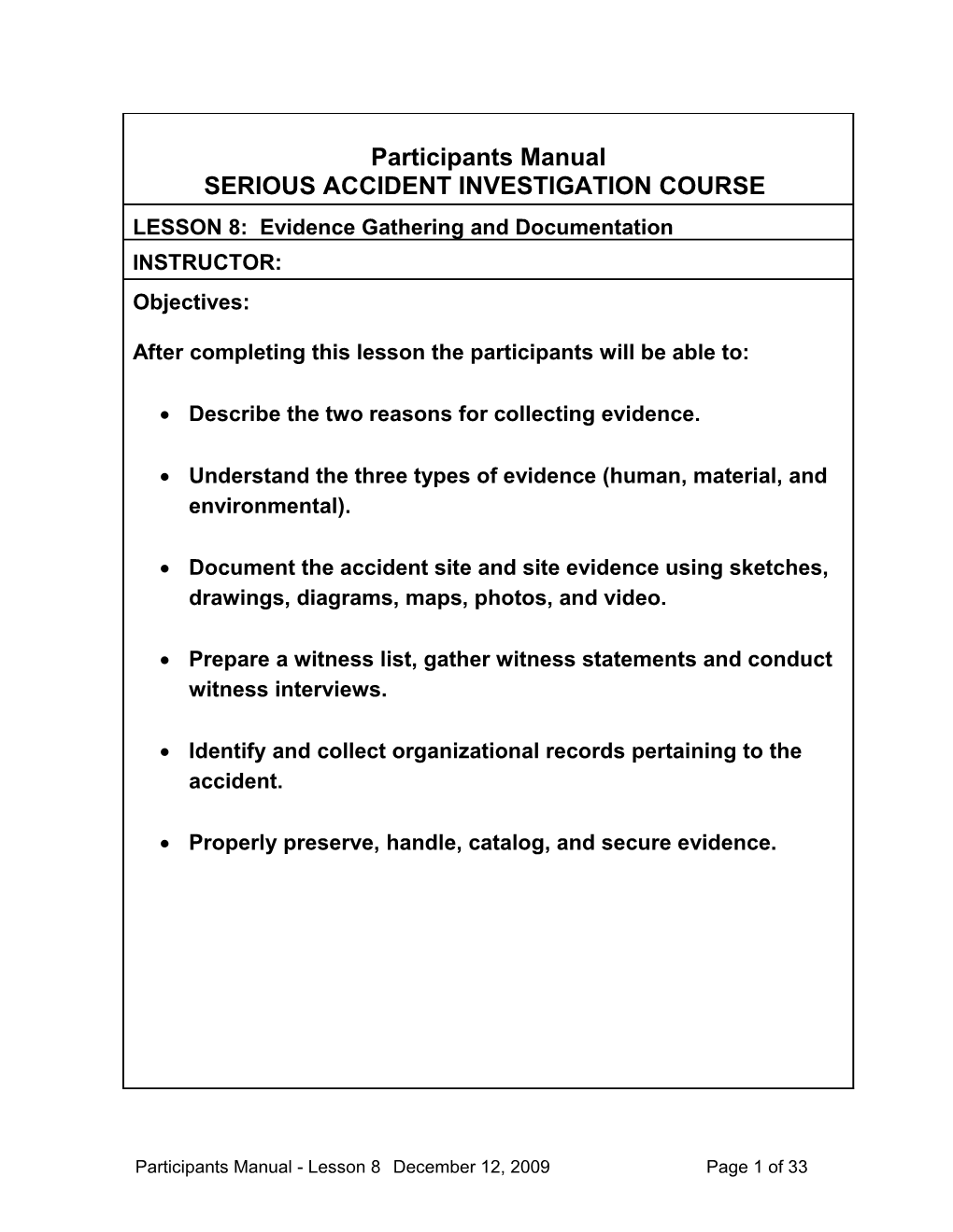 Serious Accident Investigation Course