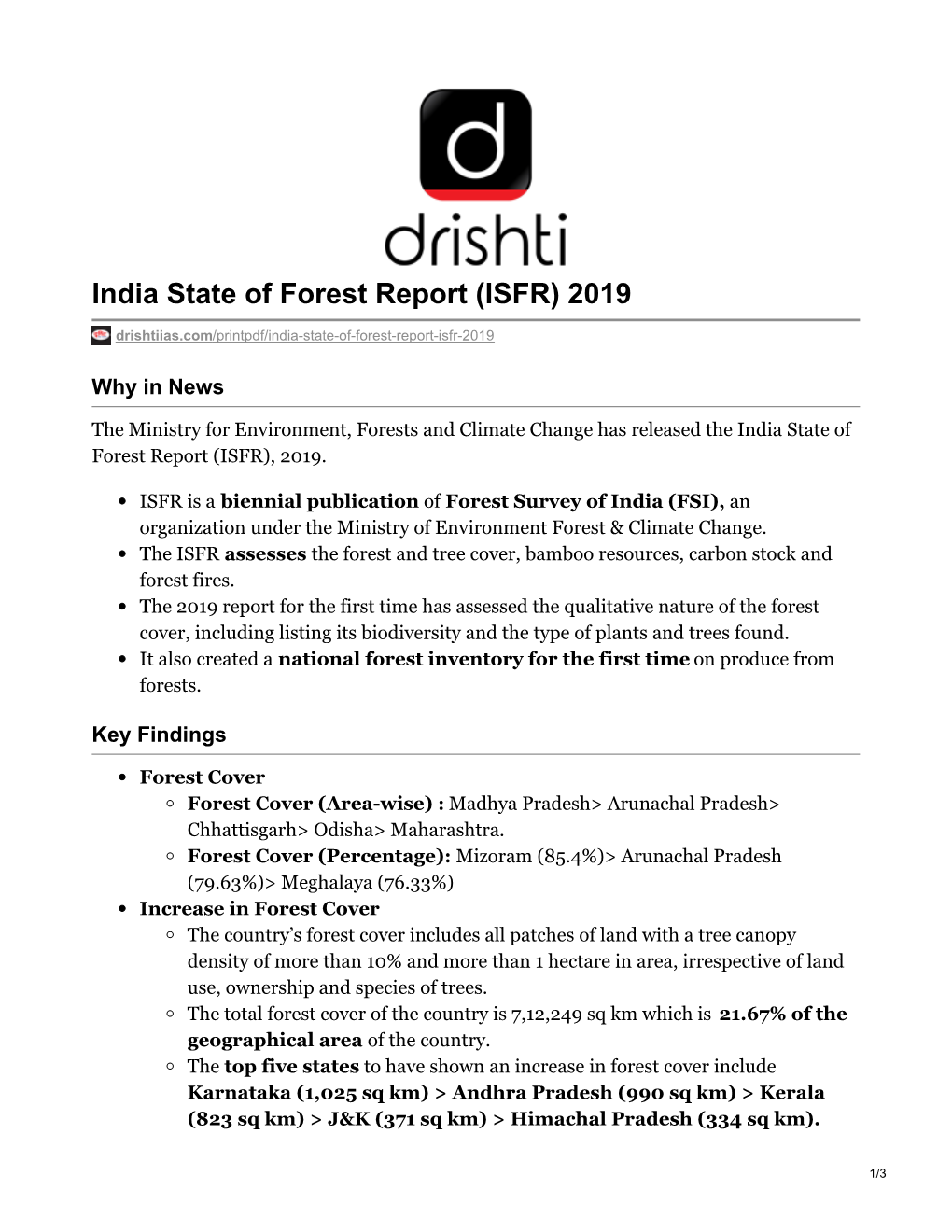 India State of Forest Report (ISFR) 2019
