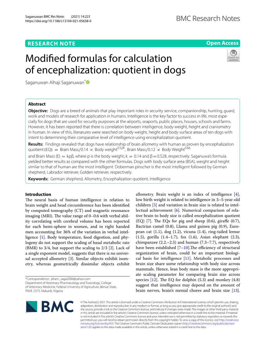 Modified Formulas for Calculation of Encephalization: Quotient in Dogs