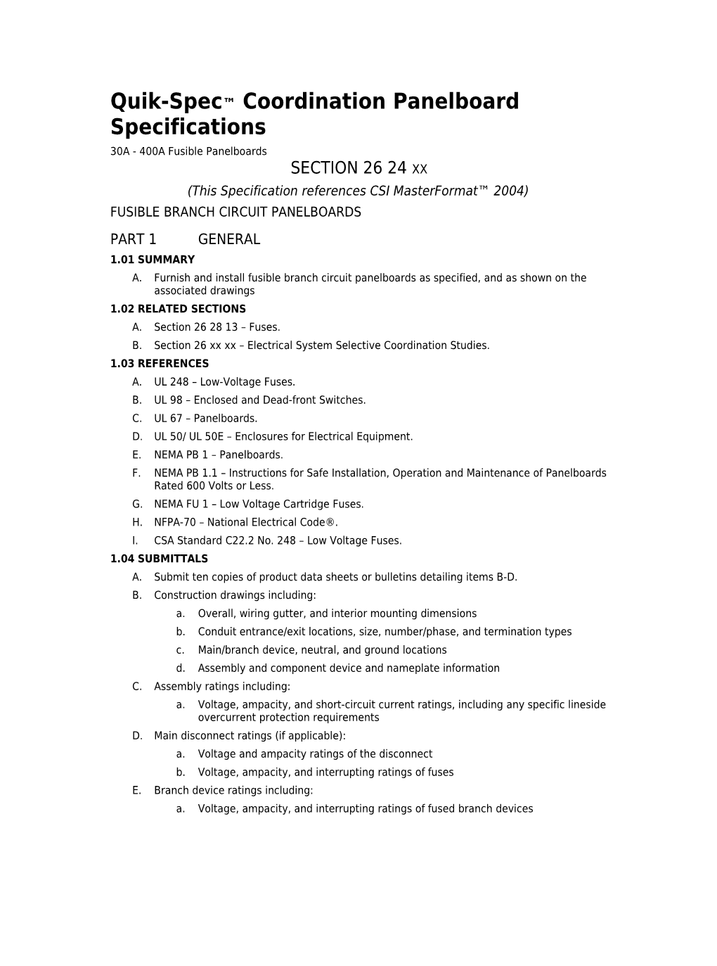 Quik-Spec Coordination Panelboard Specifications