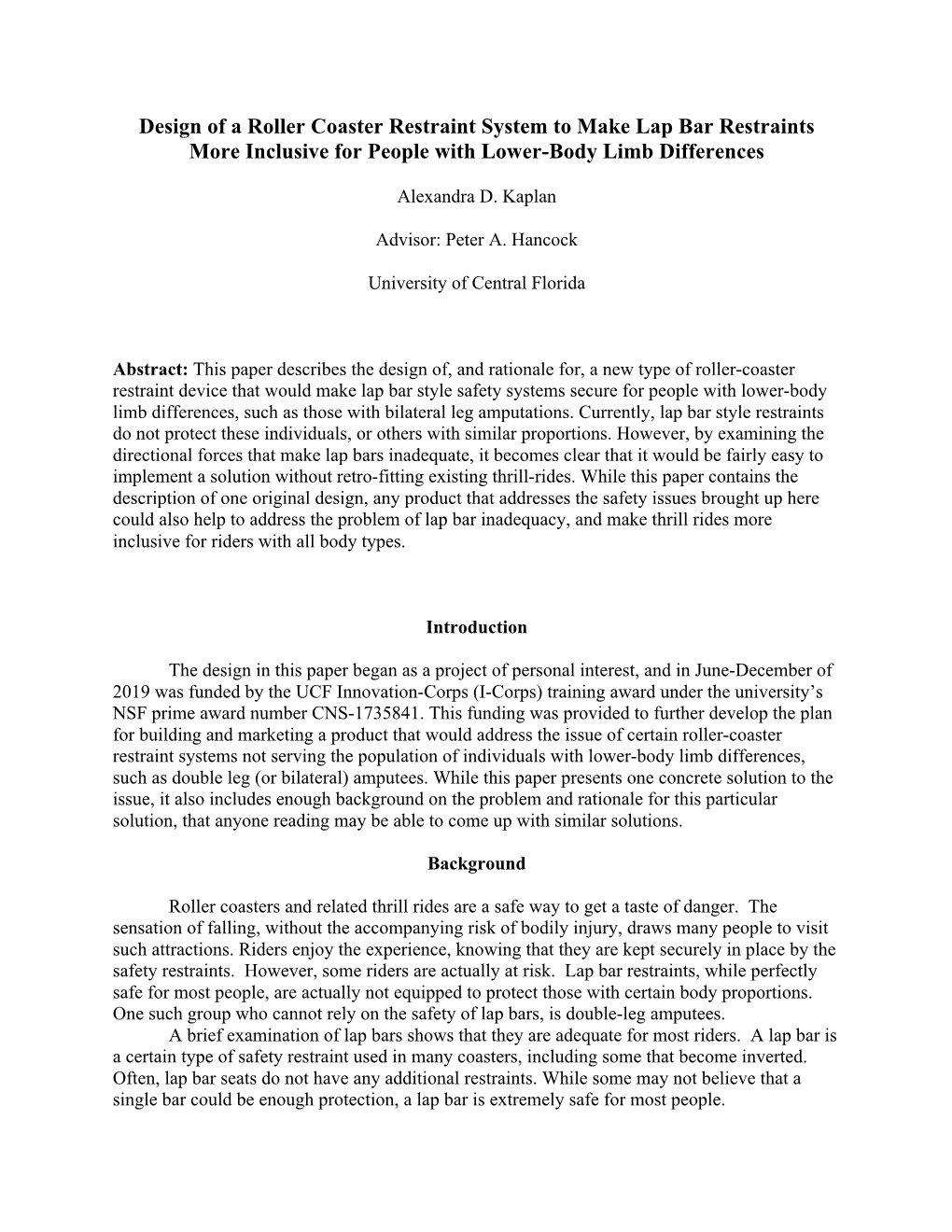 Design of a Roller Coaster Restraint System to Make Lap Bar Restraints More Inclusive for People with Lower-Body Limb Differences