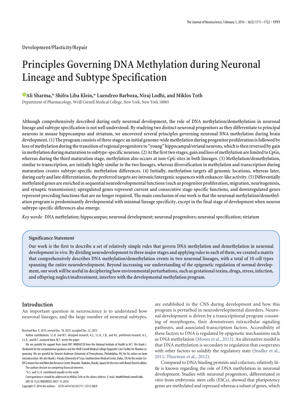 Principles Governing DNA Methylation During Neuronal Lineage and Subtype Specification