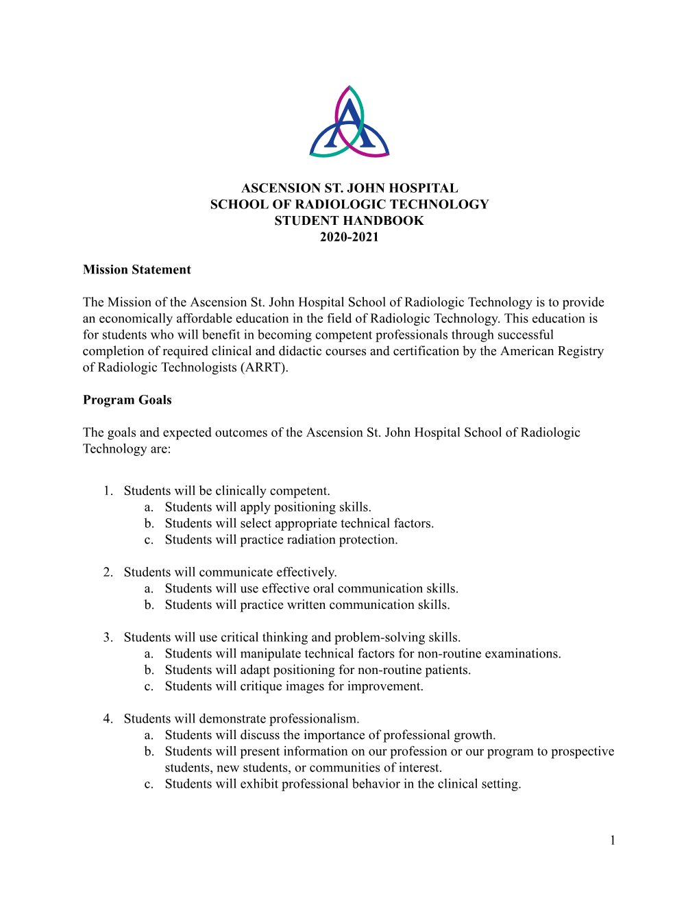 Ascension St. John Hospital School of Radiologic Technology Student Handbook 2020-2021
