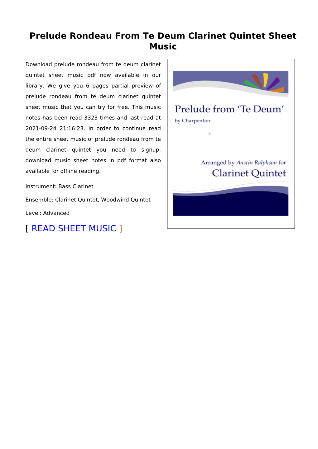 Prelude Rondeau from Te Deum Clarinet Quintet Sheet Music