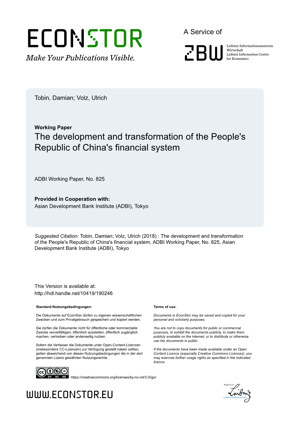 The Development and Transformation of the People's Republic of China's Financial System