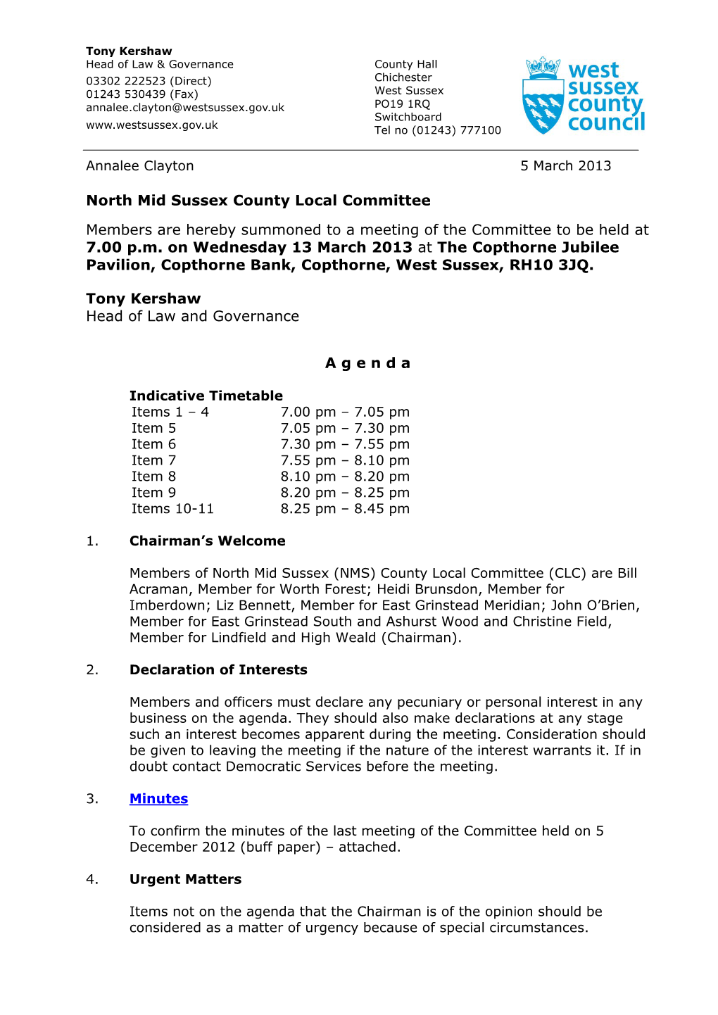 Agenda North Mid Sussex County Local Committee, 13 March 2013