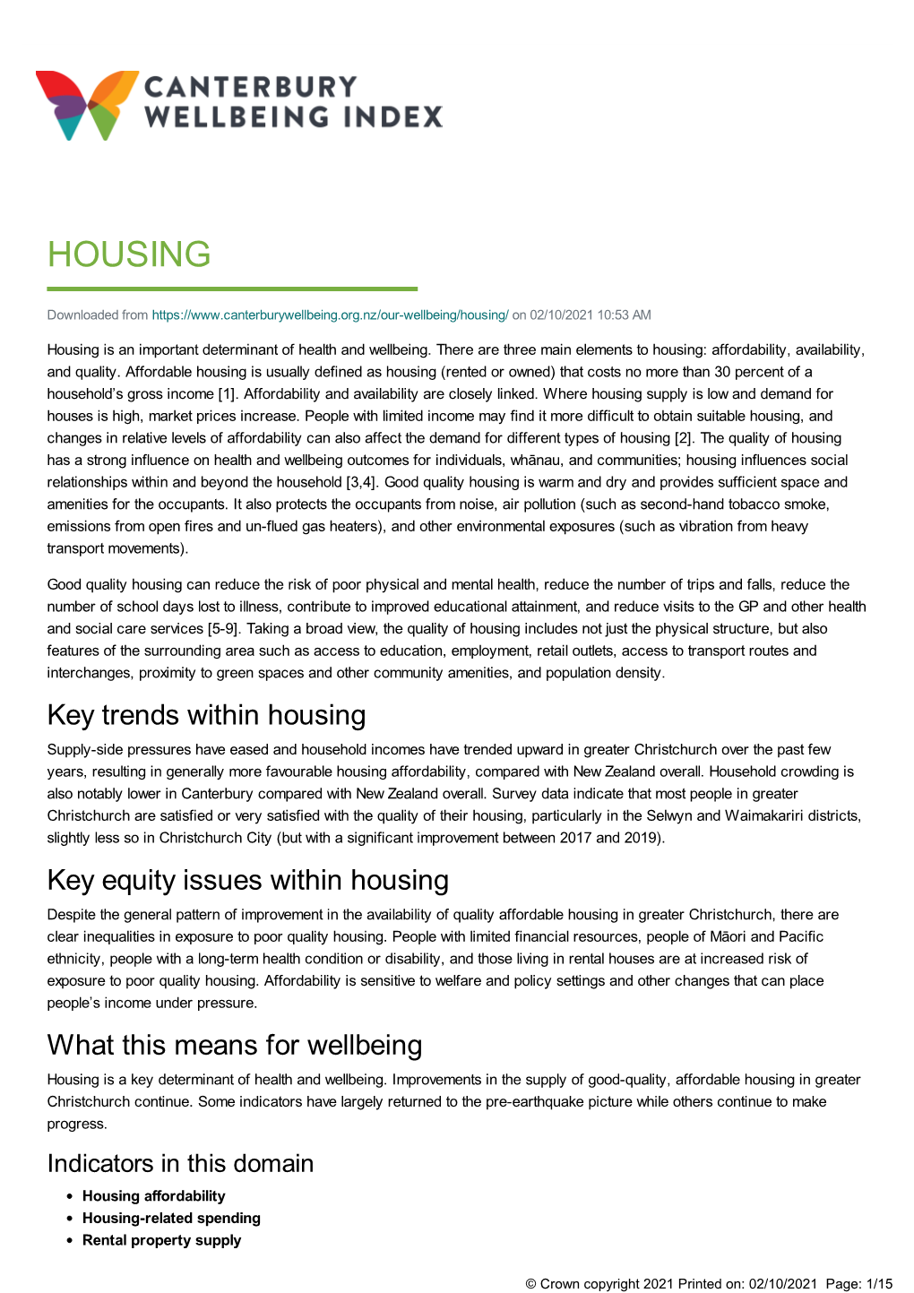 Housing- Canterbury Wellbeing Index