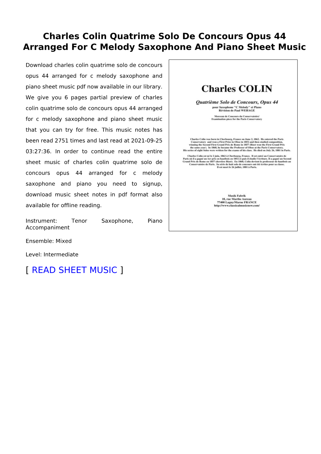 Charles Colin Quatrime Solo De Concours Opus 44 Arranged for C Melody Saxophone and Piano Sheet Music