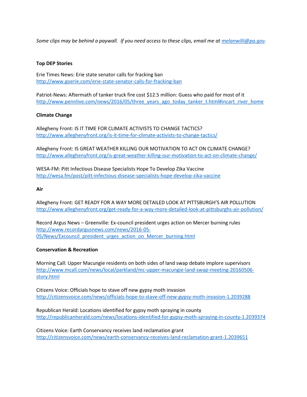 Some Clips May Be Behind a Paywall. If You Need Access to These Clips, Email Me at Melanwilli@Pa.Gov