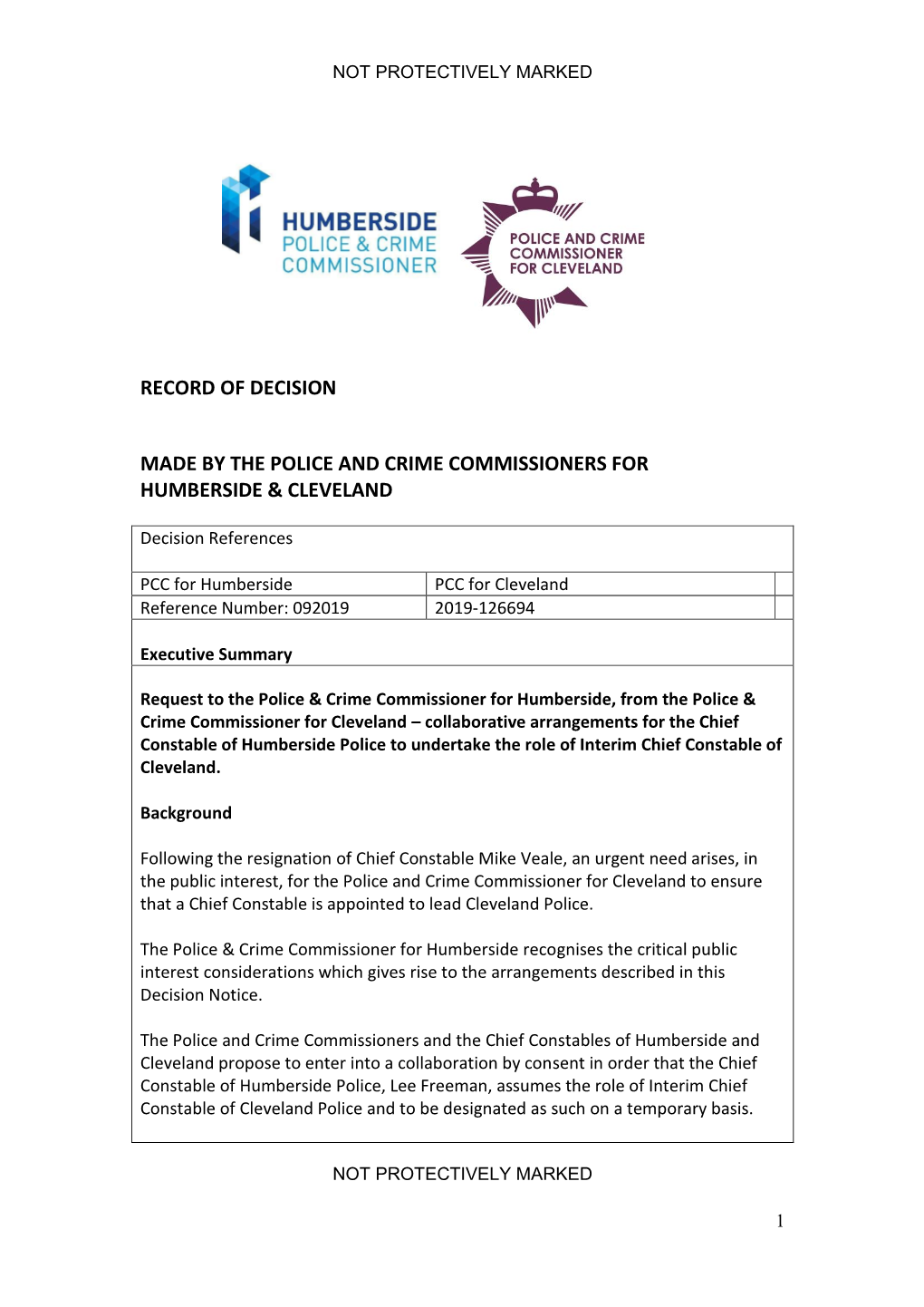 Record of Decision Made by the Police and Crime Commissioners for Humberside & Cleveland