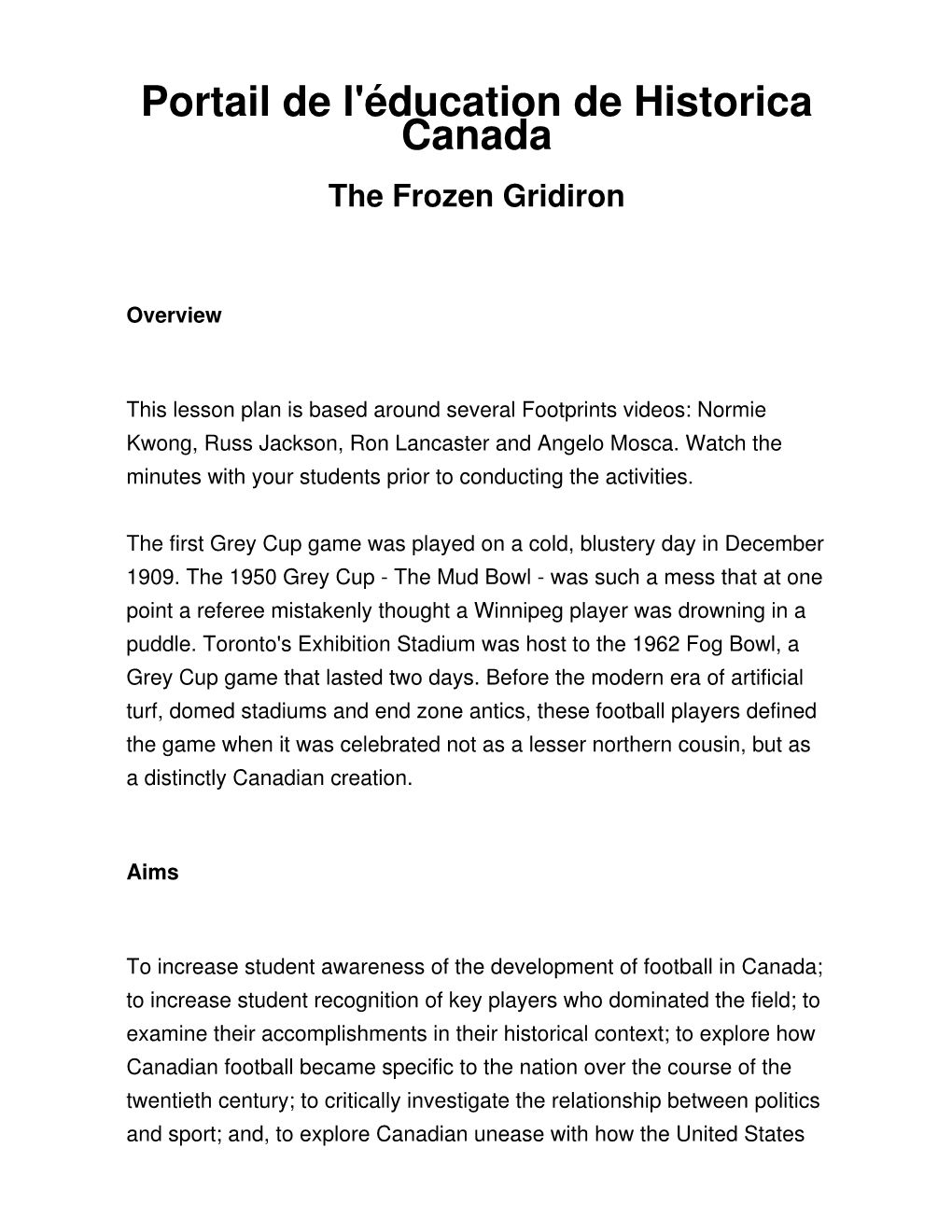 Portail De L'éducation De Historica Canada the Frozen Gridiron