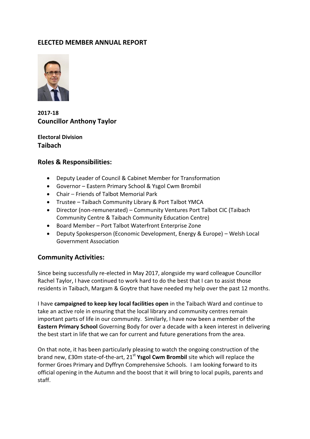 ELECTED MEMBER ANNUAL REPORT Councillor Anthony Taylor