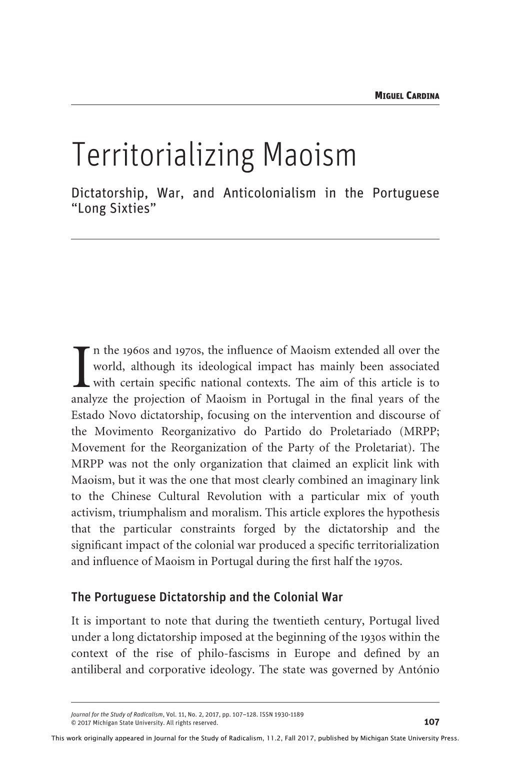 Territorializing Maoism Dictatorship, War, and Anticolonialism in the Portuguese “Long Sixties”
