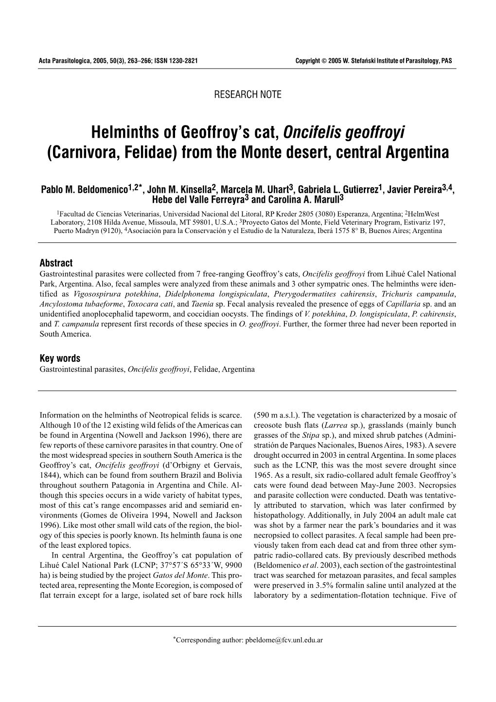 Helminths of Geoffroy's Cat, Oncifelis Geoffroyi (Carnivora, Felidae)