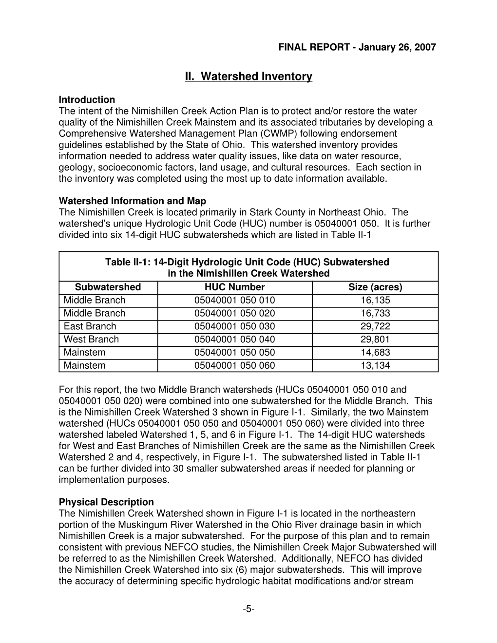 II. Watershed Inventory