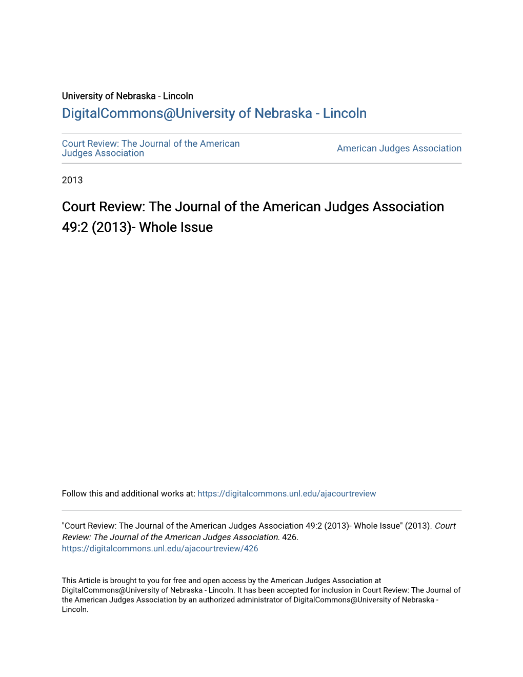 Court Review: the Journal of the American Judges Association 49:2 (2013)- Whole Issue