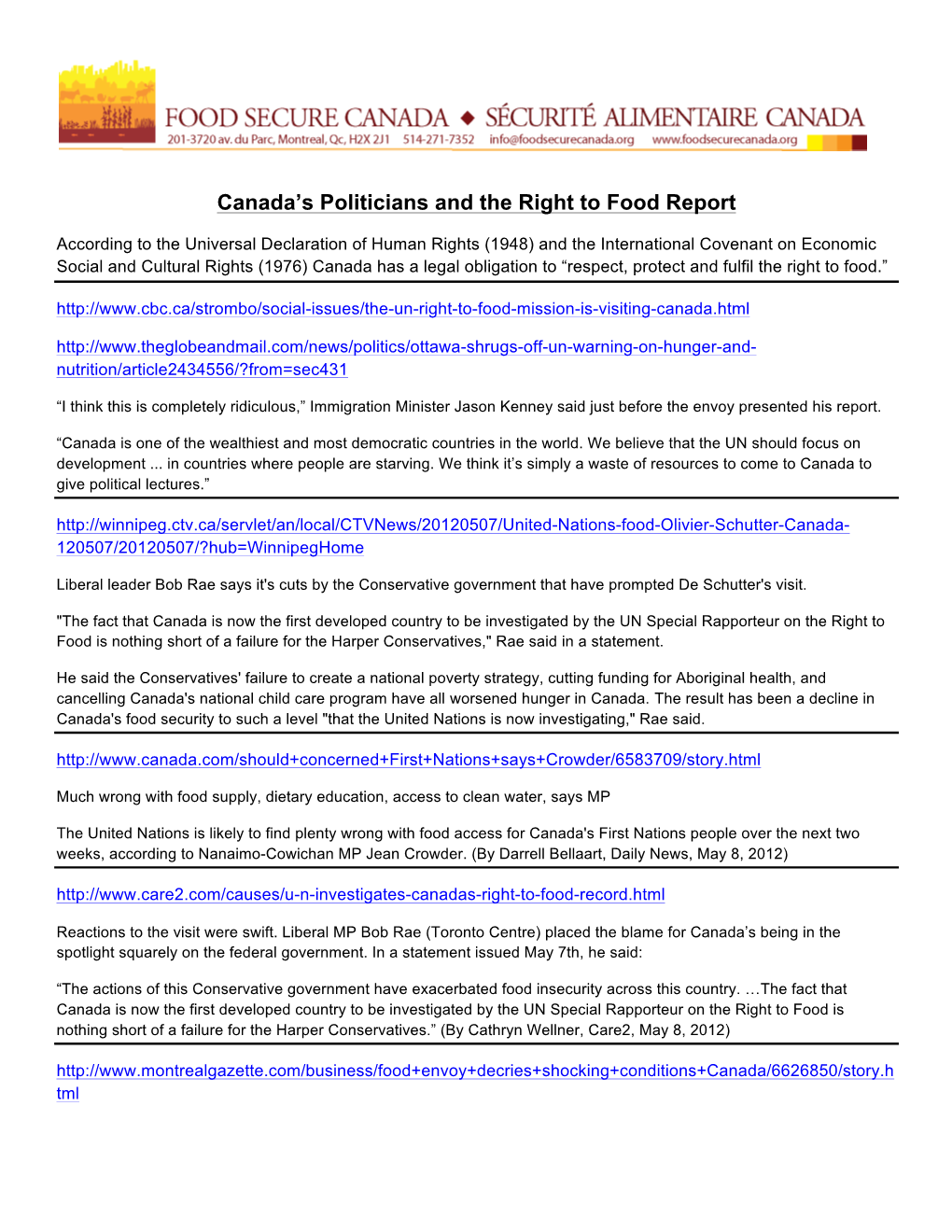 Canada's Politicians and the Right to Food Report