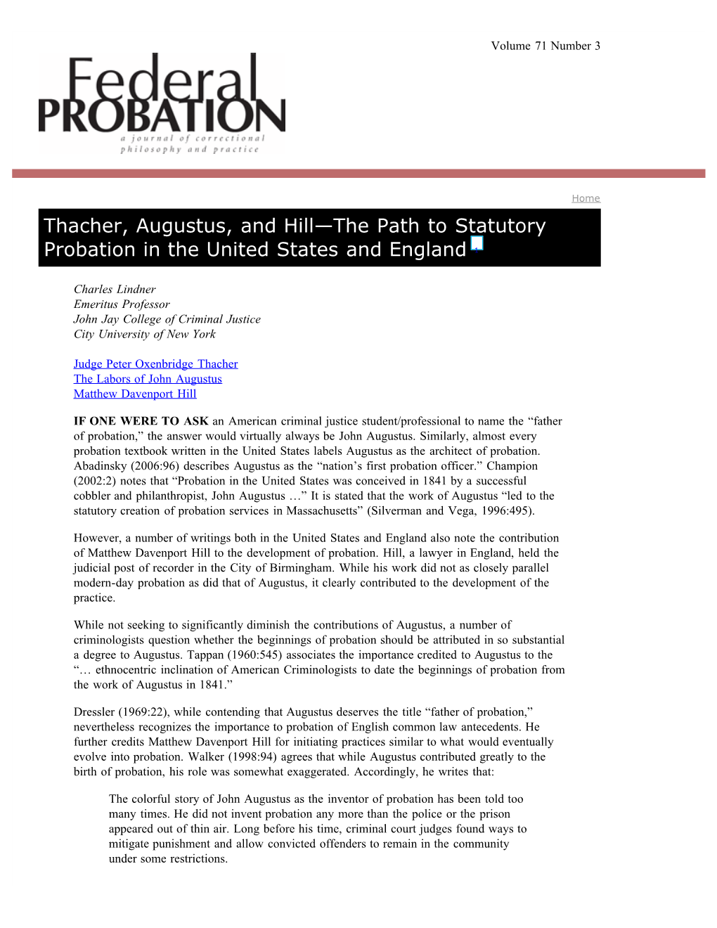 Thacher, Augustus, and Hill—The Path to Statutory Probation in the United States and England 1