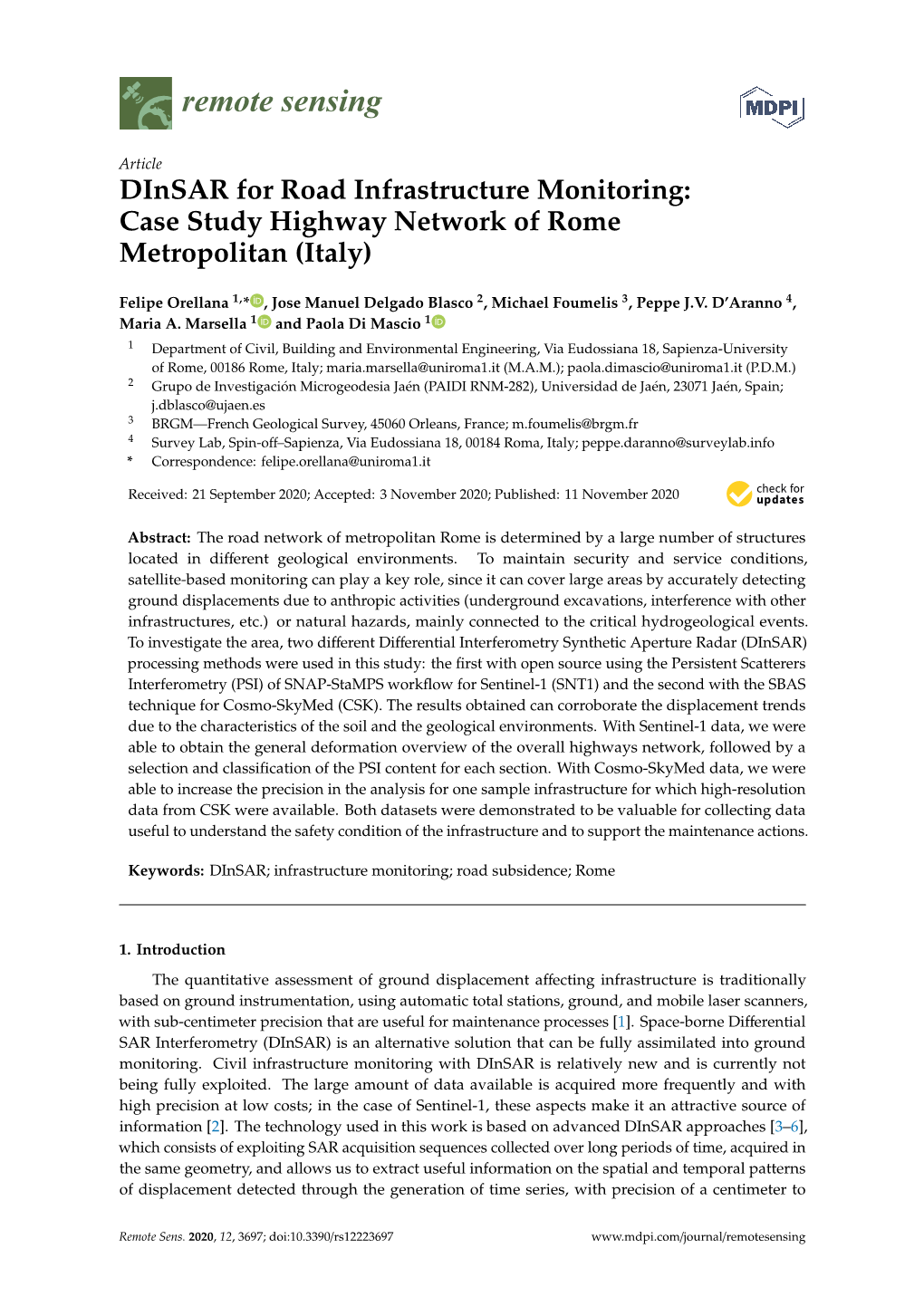 Dinsar for Road Infrastructure Monitoring: Case Study Highway Network of Rome Metropolitan (Italy)