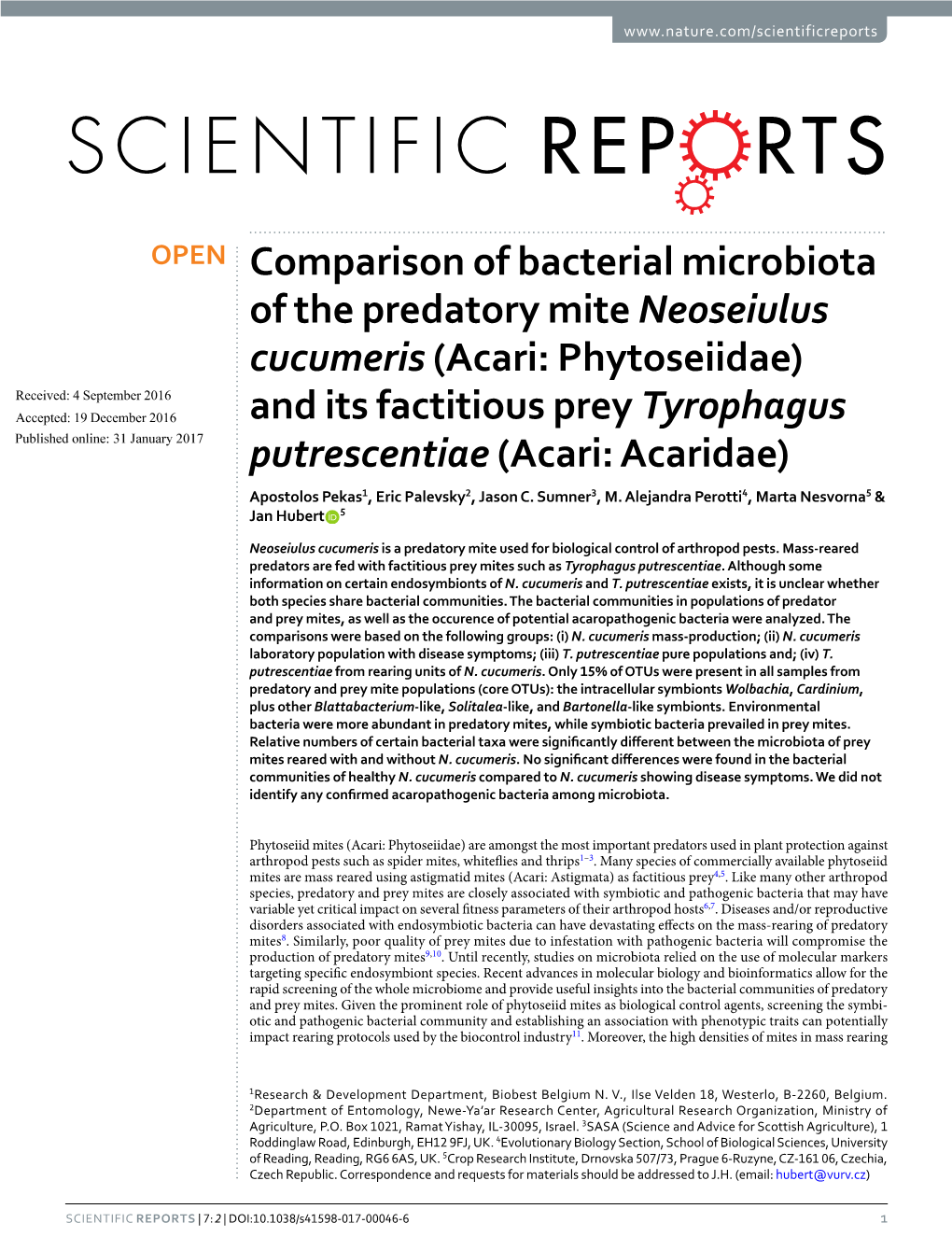 Comparison of Bacterial Microbiota of the Predatory Mite
