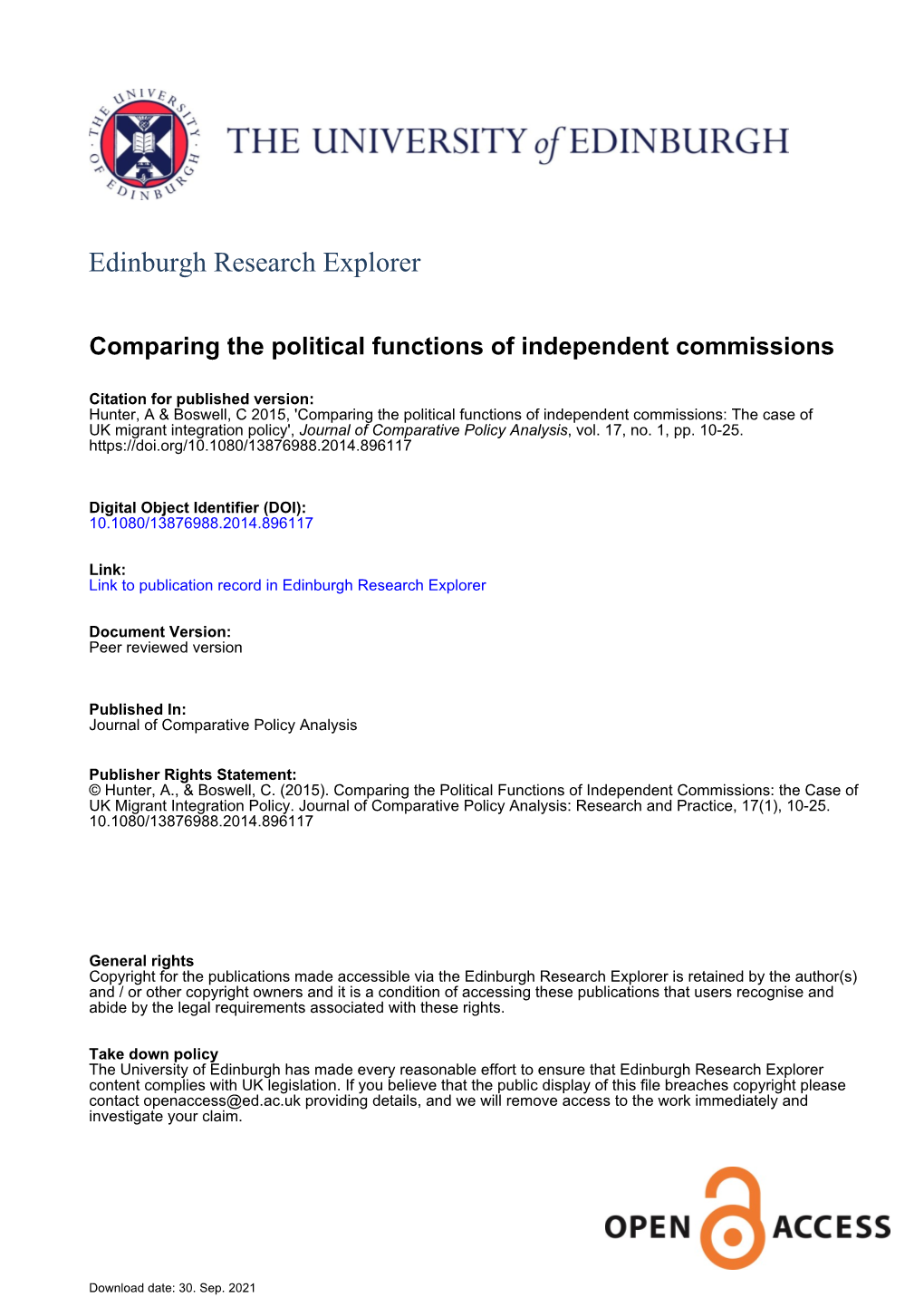 The Political Functions of Independent Commissions: the Case of UK Migrant Integration Policy', Journal of Comparative Policy Analysis, Vol