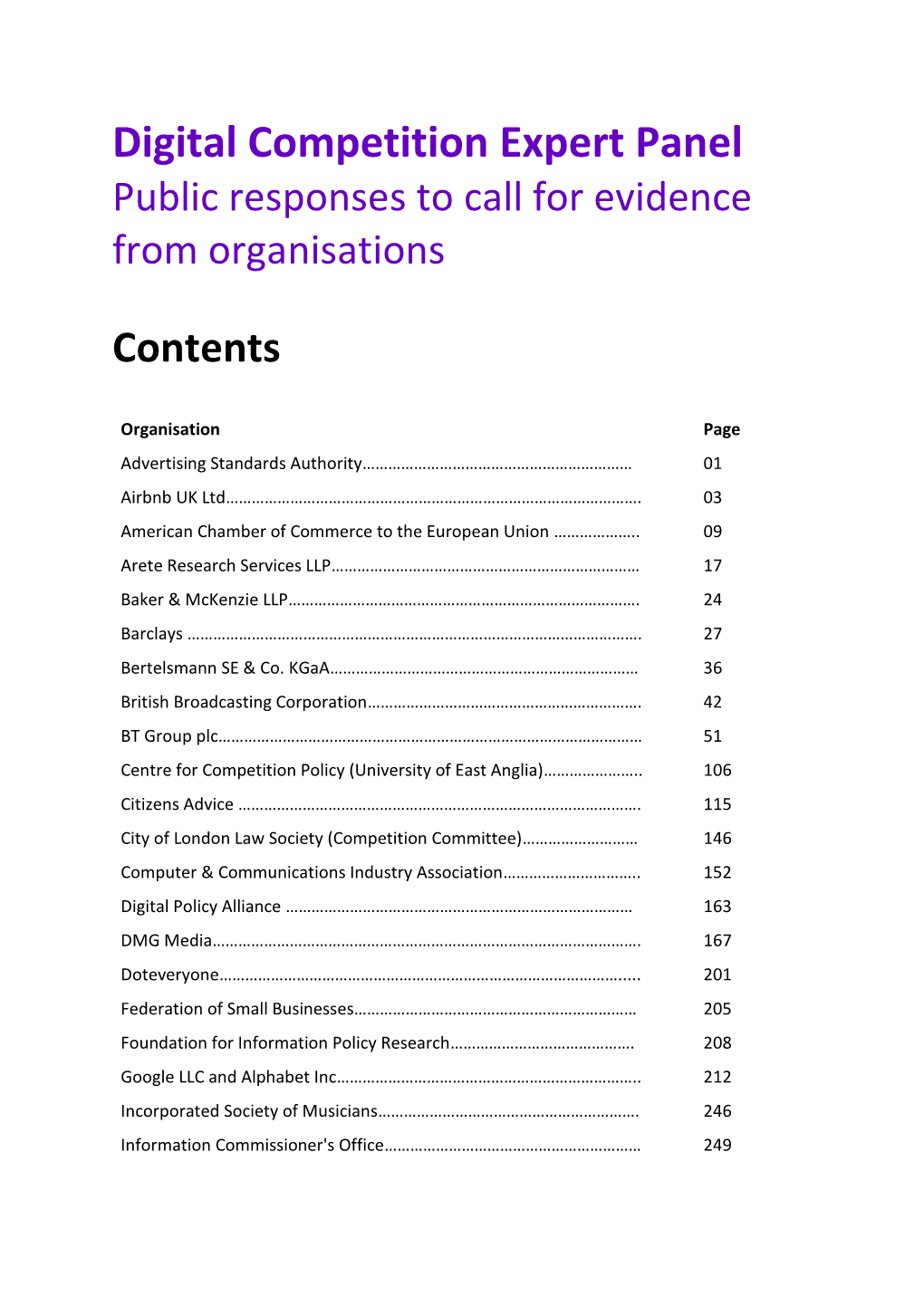 Digital Competition Expert Panel Public Responses to Call for Evidence from Organisations