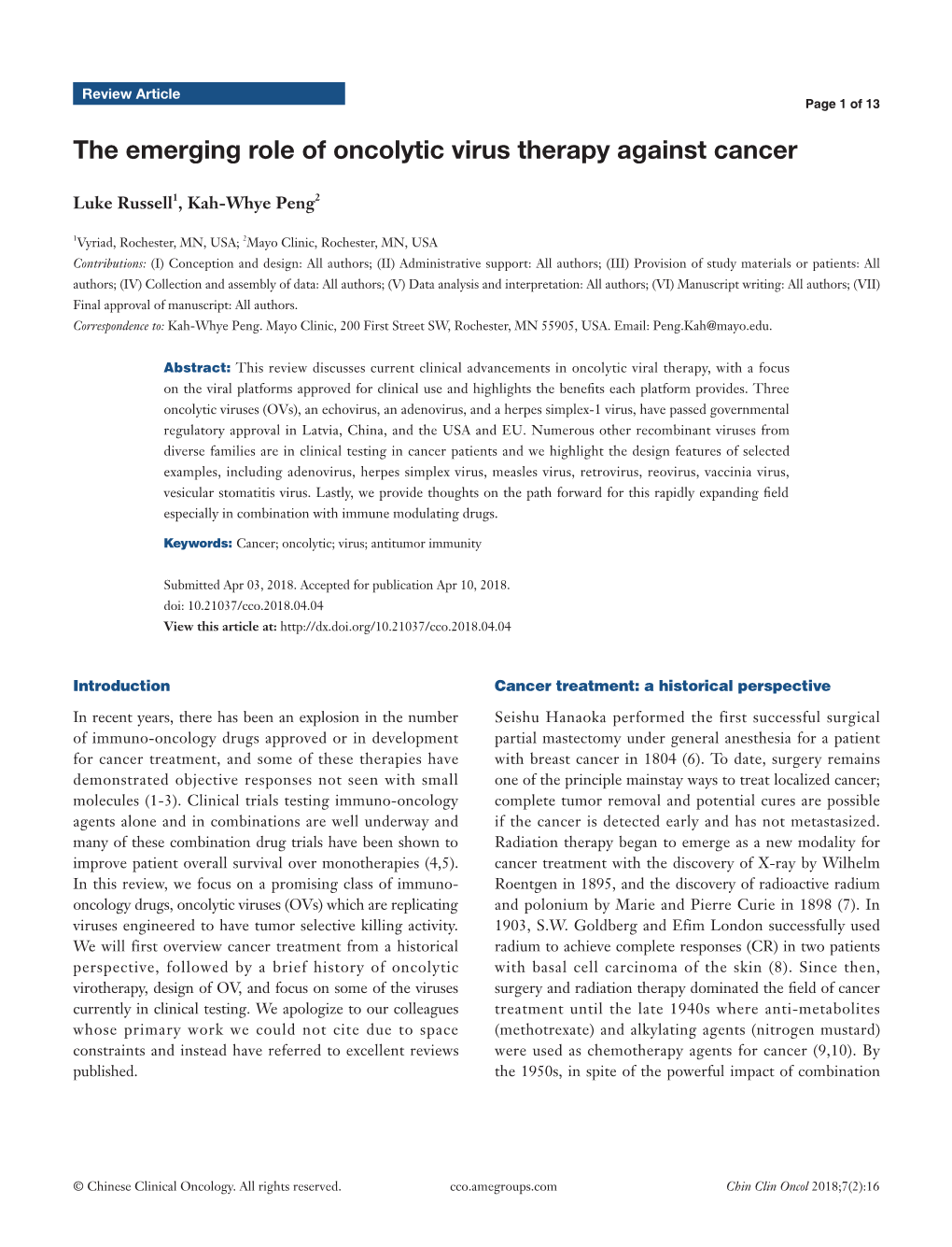 The Emerging Role of Oncolytic Virus Therapy Against Cancer
