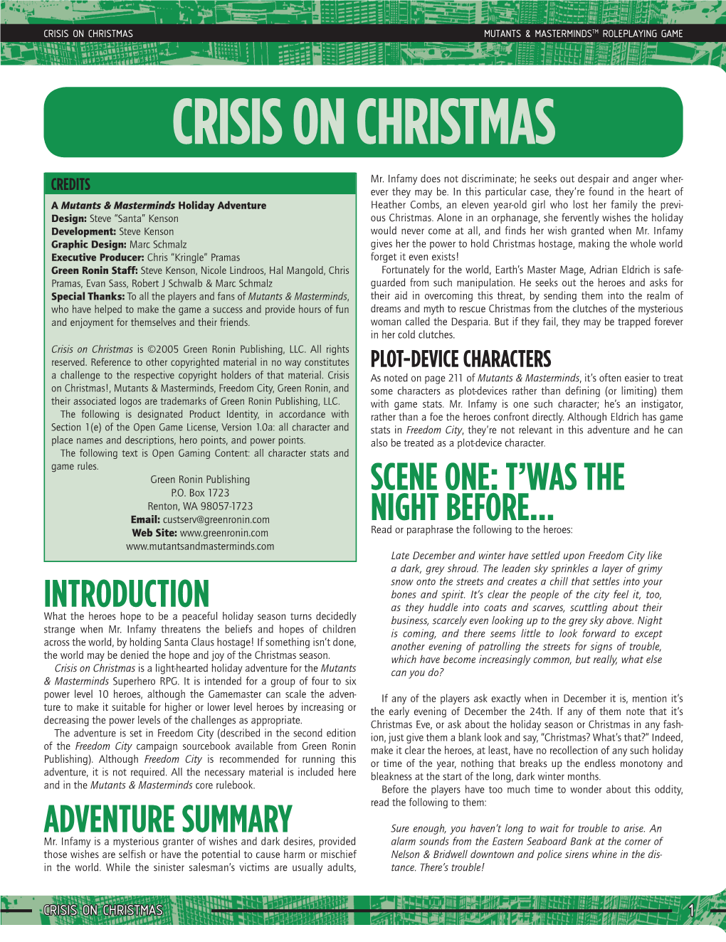 Crisis on Christmas Mutants & Mastermindstm Roleplaying Game Crisis on Christmas