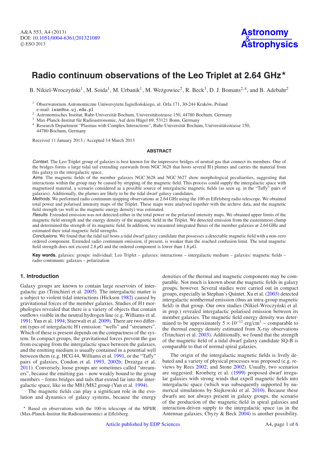 Radio Continuum Observations of the Leo Triplet at 2.64 Ghz⋆