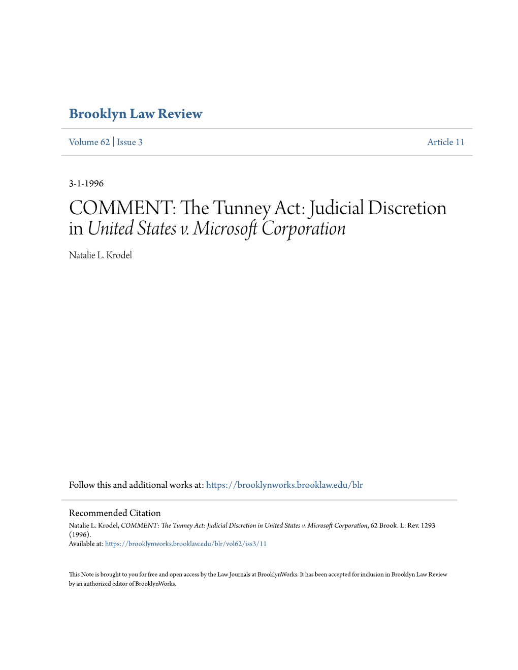 COMMENT: the Tunney Act: Judicial Discretion in United States V