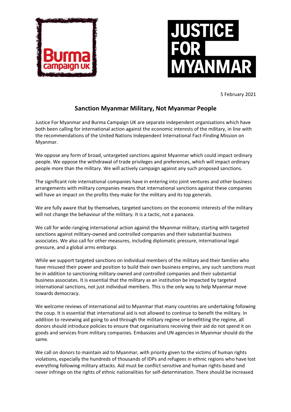 Sanction Myanmar Military, Not Myanmar People