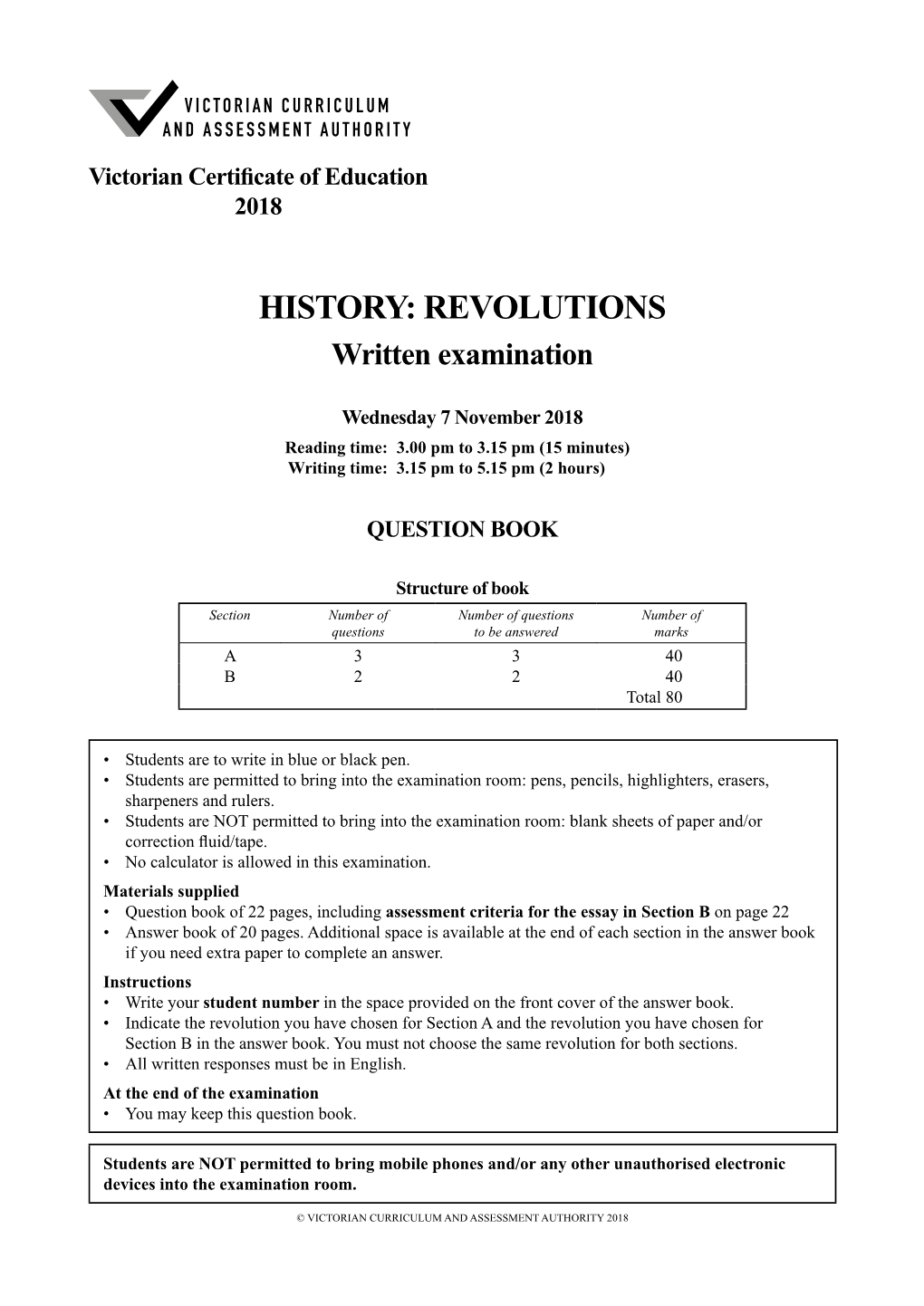 2018 History: Revolutions Written Examination