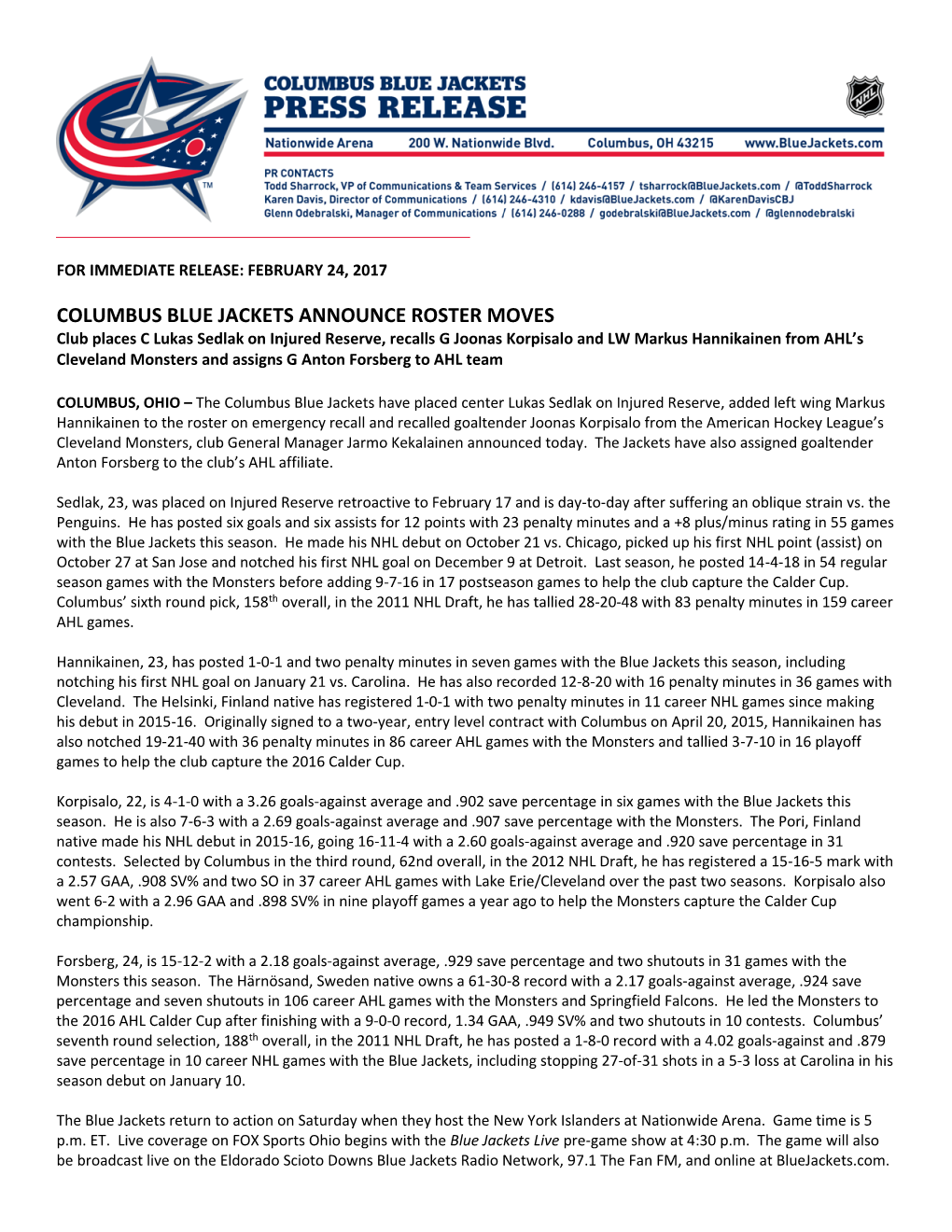 Columbus Blue Jackets Announce Roster Moves