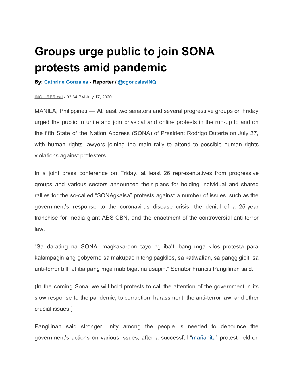 Groups Urge Public to Join SONA Protests Amid Pandemic
