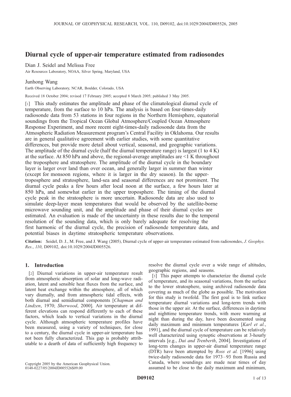 Diurnal Cycle of Upper-Air Temperature Estimated from Radiosondes Dian J