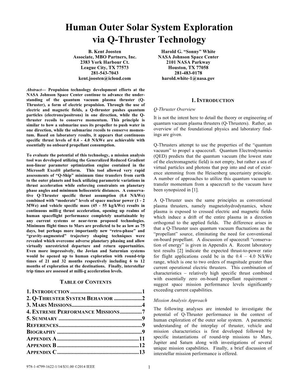 Human Outer Solar System Exploration Via Q-Thruster Technology B