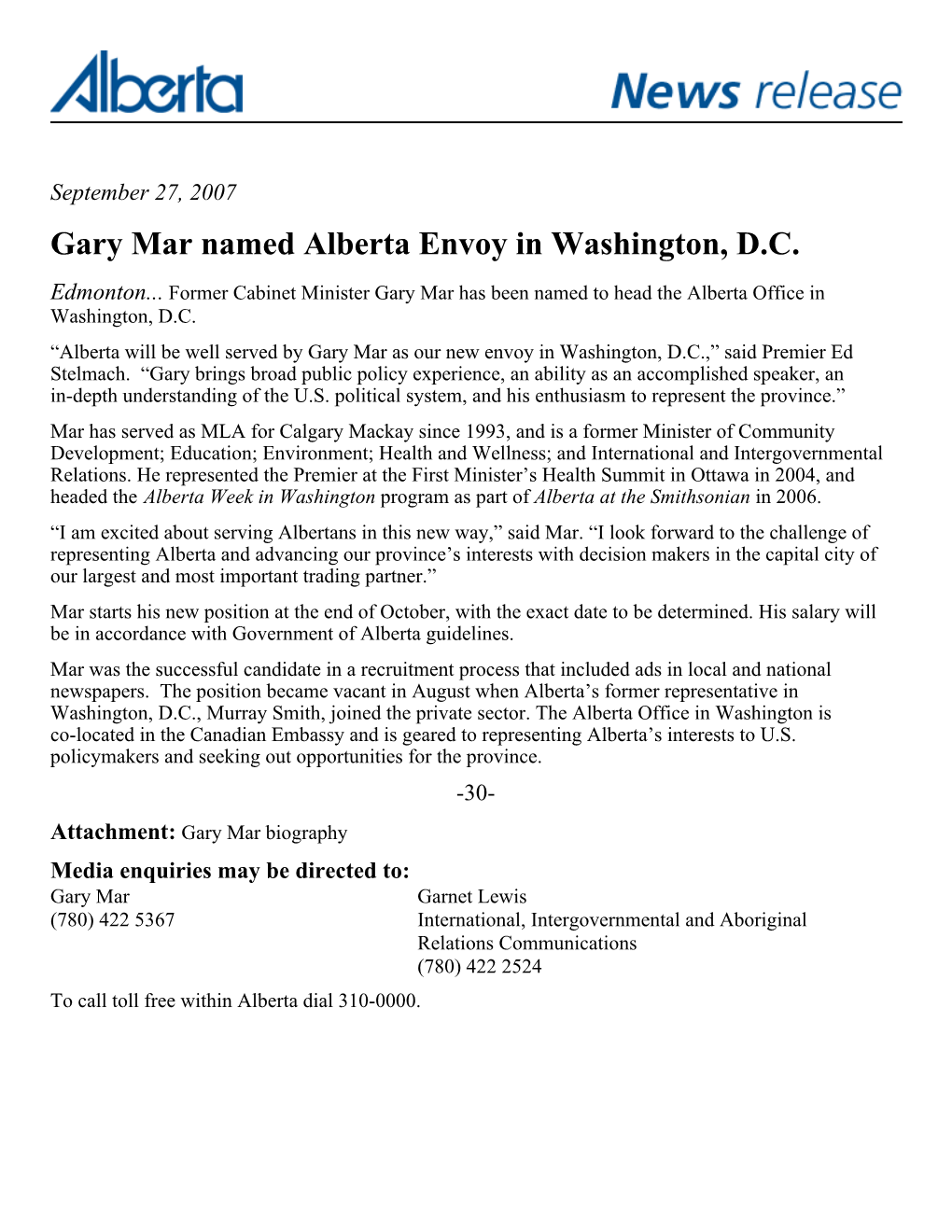 Gary Mar Named Alberta Envoy in Washington, D.C