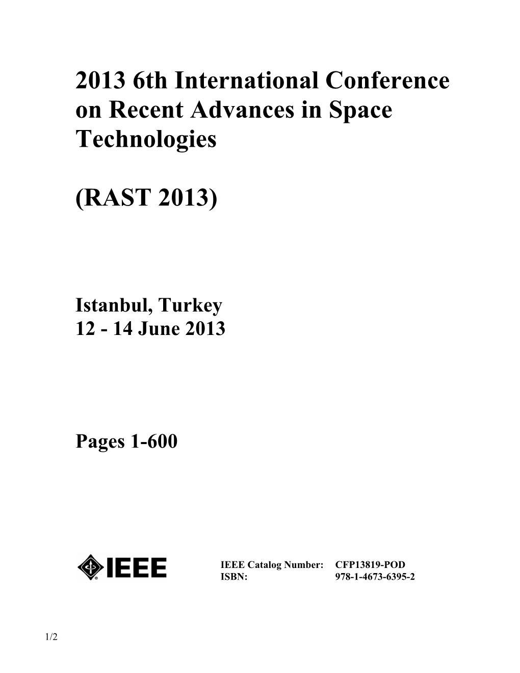 2013 6Th International Conference on Recent Advances in Space Technologies