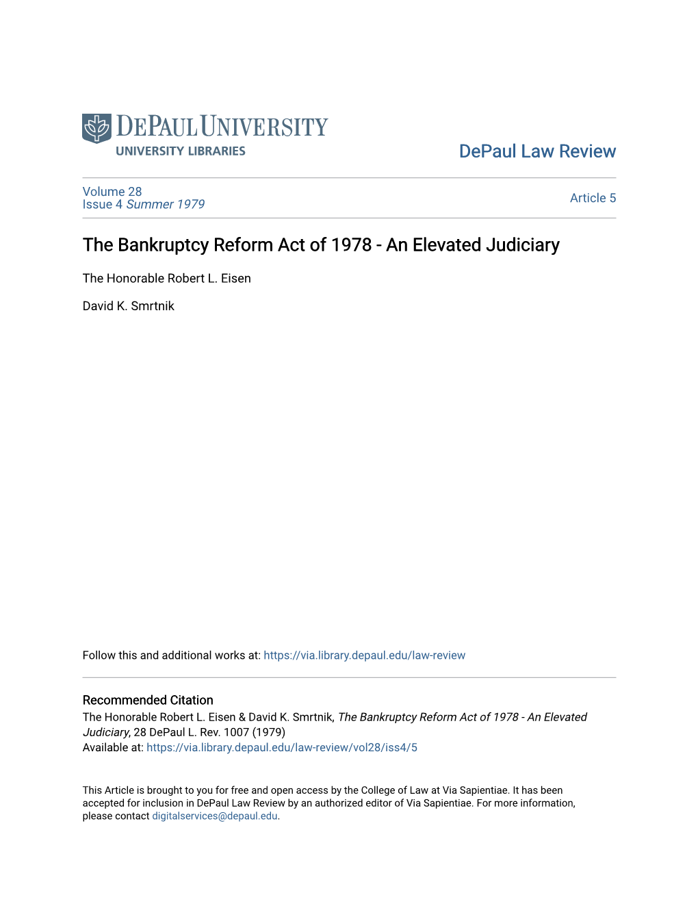 The Bankruptcy Reform Act of 1978 - an Elevated Judiciary