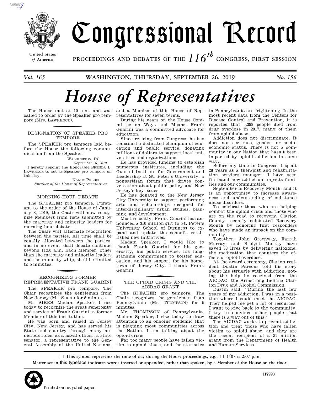 Congressional Record United States Th of America PROCEEDINGS and DEBATES of the 116 CONGRESS, FIRST SESSION